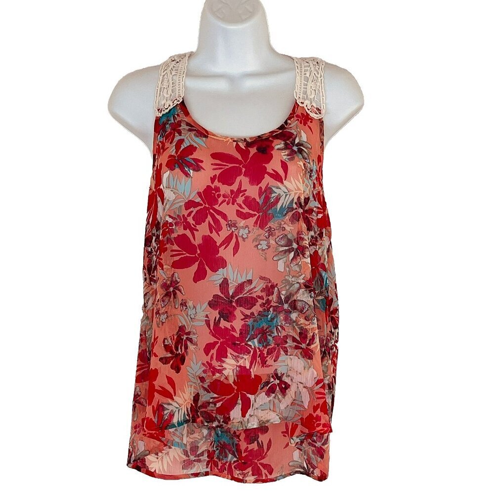 No Boundaries Juniors Fairy Floral Tropical Top sz M 7-9 Sheer Open Crochet Vaca